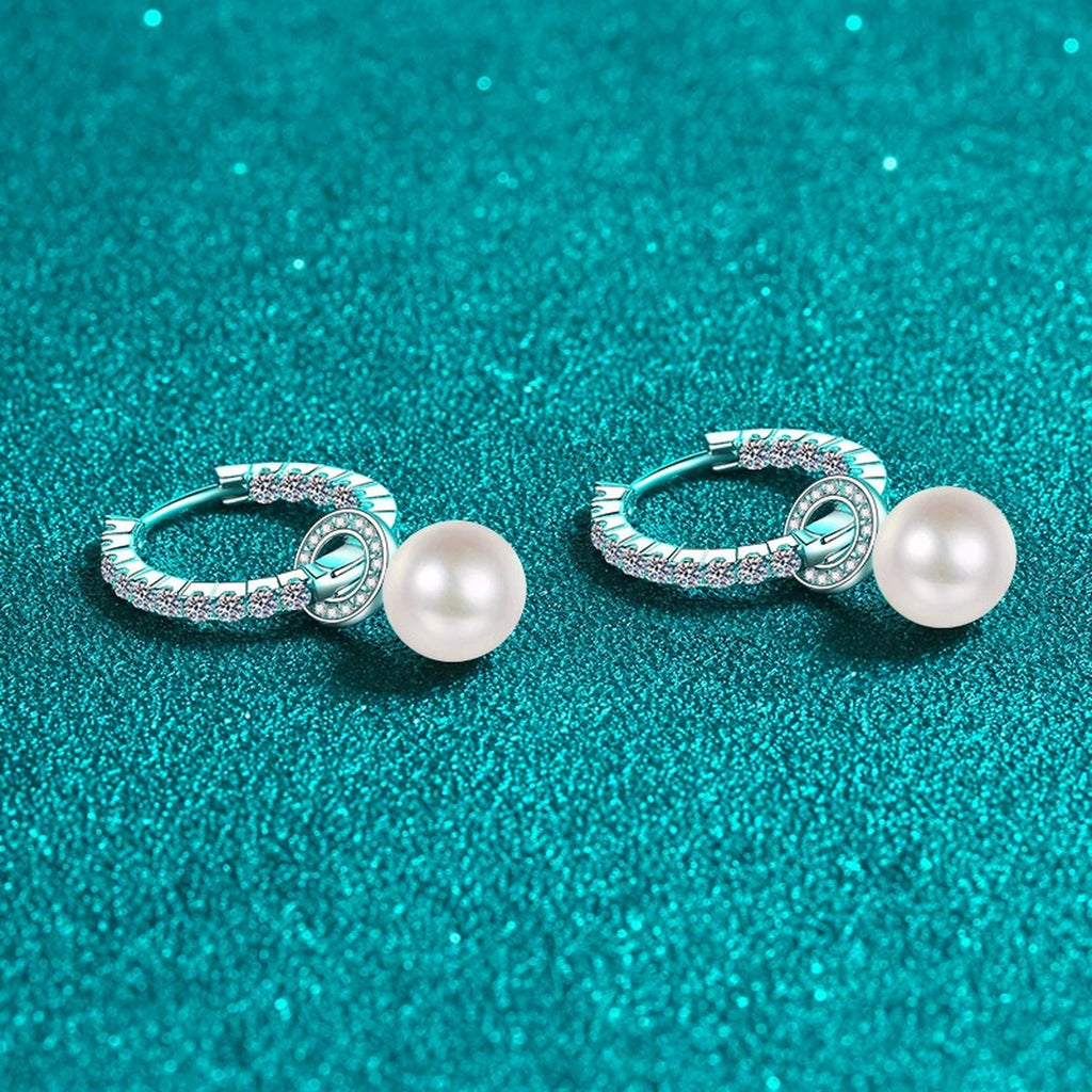 Pearl and Moissanite Hoop Drop Earrings in Rhodium-Plated S925 sterling silver product scene view showing side profile