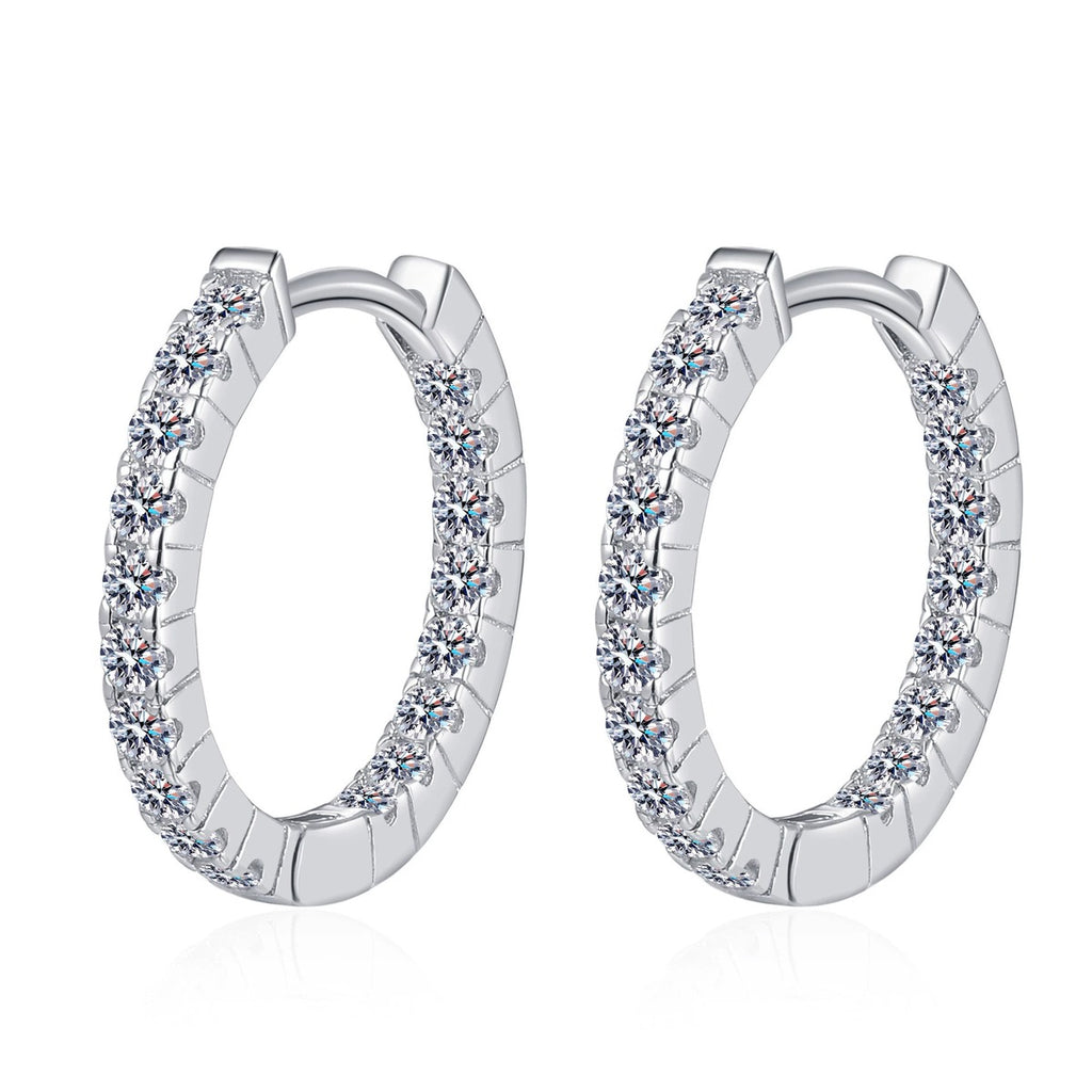 Pave Moissanite Hoop Earrings in Rhodium-Plated S925 sterling silver white background product photo showing the pair, stone shape, and hoop earrings silhouette