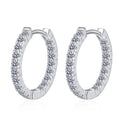 Pave Moissanite Hoop Earrings in Rhodium-Plated S925 sterling silver white background product photo showing the pair, stone shape, and hoop earrings silhouette