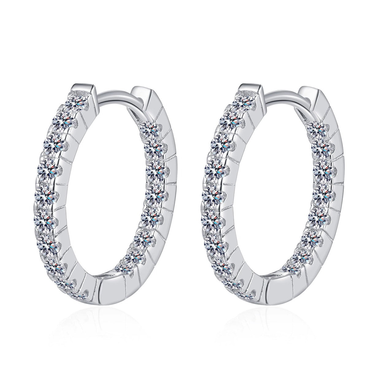 Pave Moissanite Hoop Earrings in Rhodium-Plated S925 sterling silver white background product photo showing the pair, stone shape, and hoop earrings silhouette