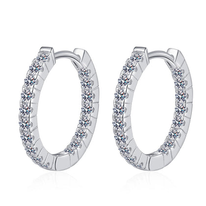 Pave Moissanite Hoop Earrings in Rhodium-Plated S925 sterling silver white background product photo showing the pair, stone shape, and hoop earrings silhouette