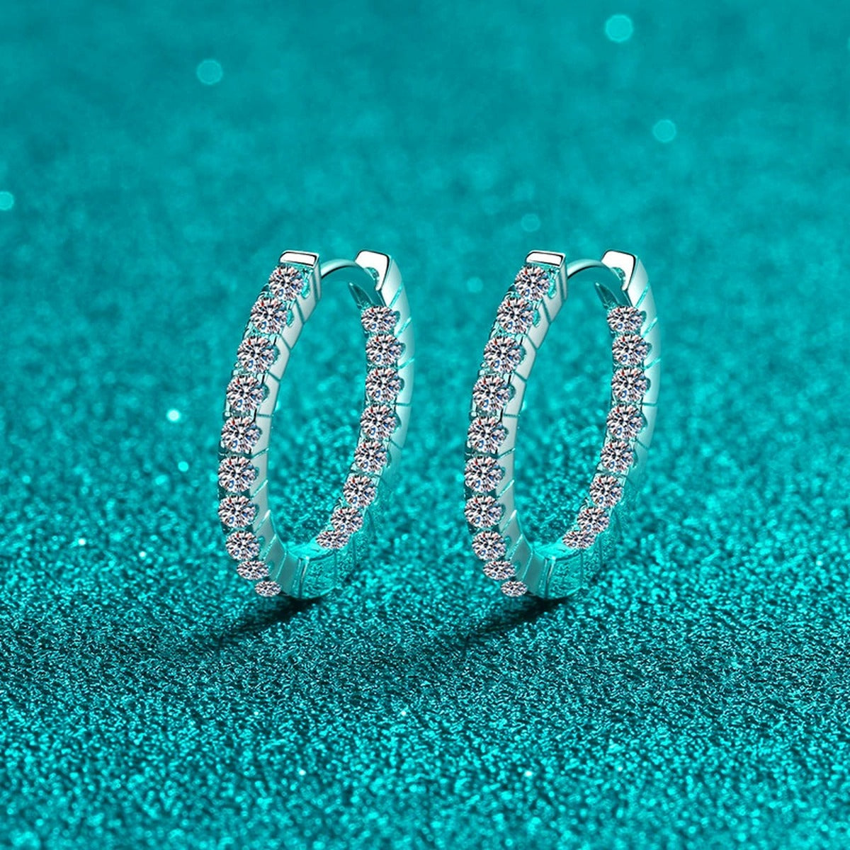 Pave Moissanite Hoop Earrings in Rhodium-Plated S925 sterling silver product scene view showing front sparkle