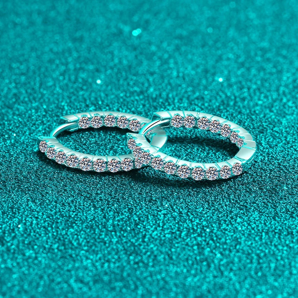Pave Moissanite Hoop Earrings in Rhodium-Plated S925 sterling silver product scene view showing angled setting detail