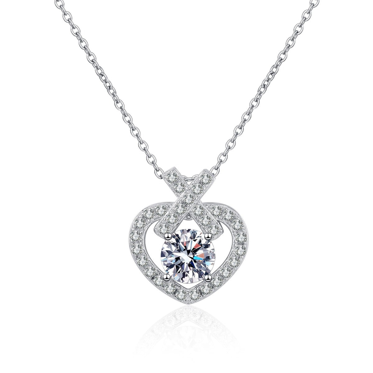 Heart Moissanite Pendant Necklace with CZ in Rhodium-Plated S925 sterling silver white background product photo showing heart-shaped pendant with a round moissanite center and CZ accents