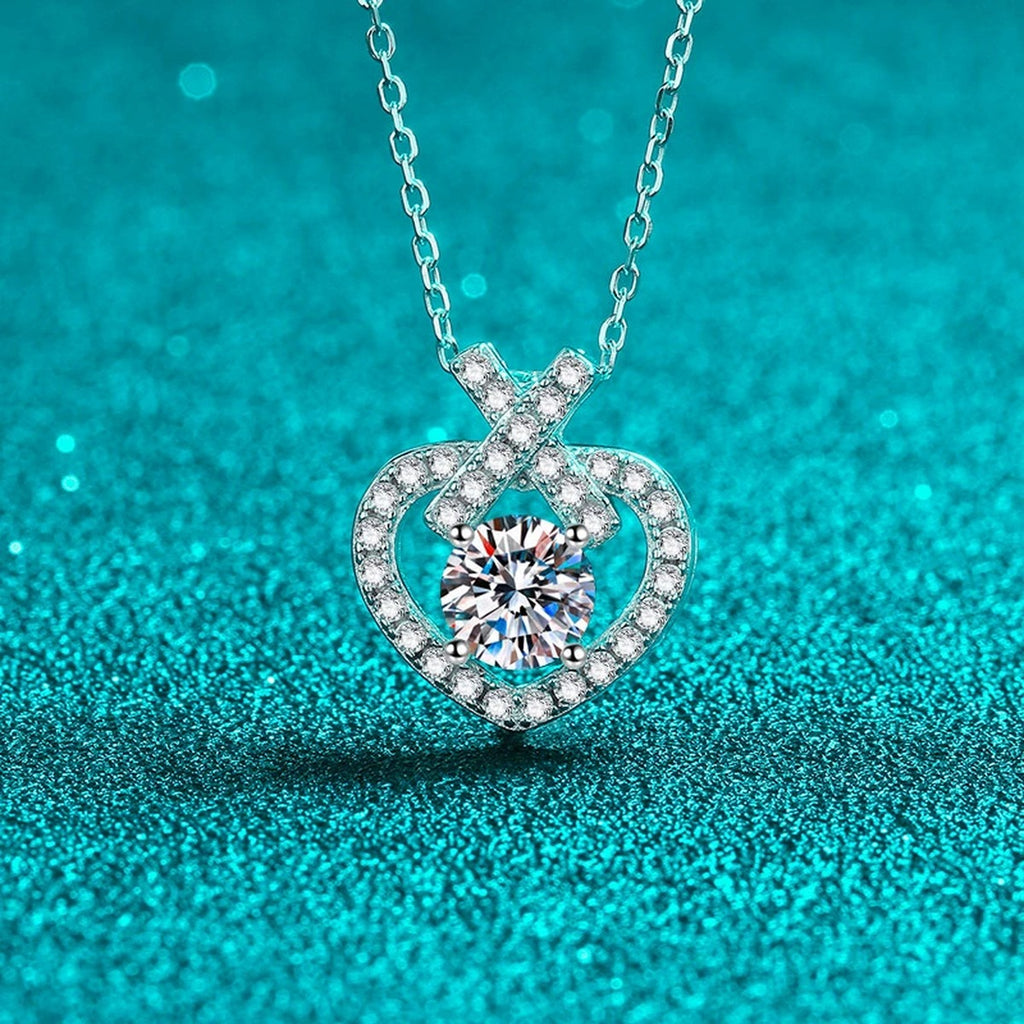 Heart Moissanite Pendant Necklace with CZ in Rhodium-Plated S925 sterling silver close-up product scene showing pendant setting