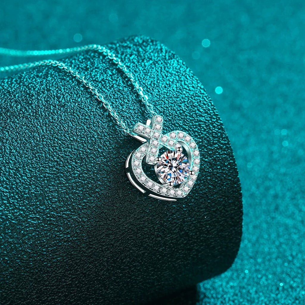 Heart Moissanite Pendant Necklace with CZ in Rhodium-Plated S925 sterling silver blue display scene showing chain and stone layout
