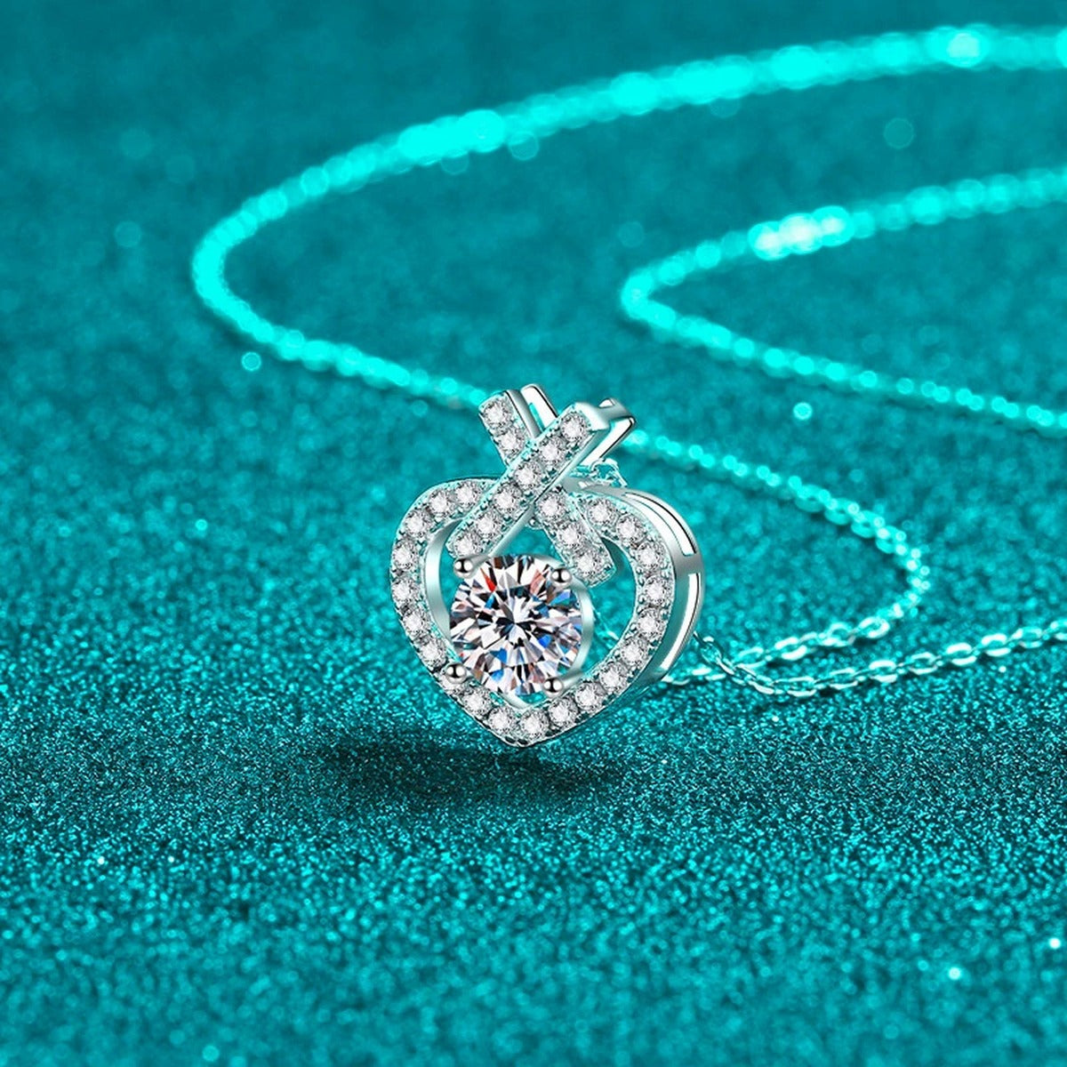 Heart Moissanite Pendant Necklace with CZ in Rhodium-Plated S925 sterling silver angled product detail view