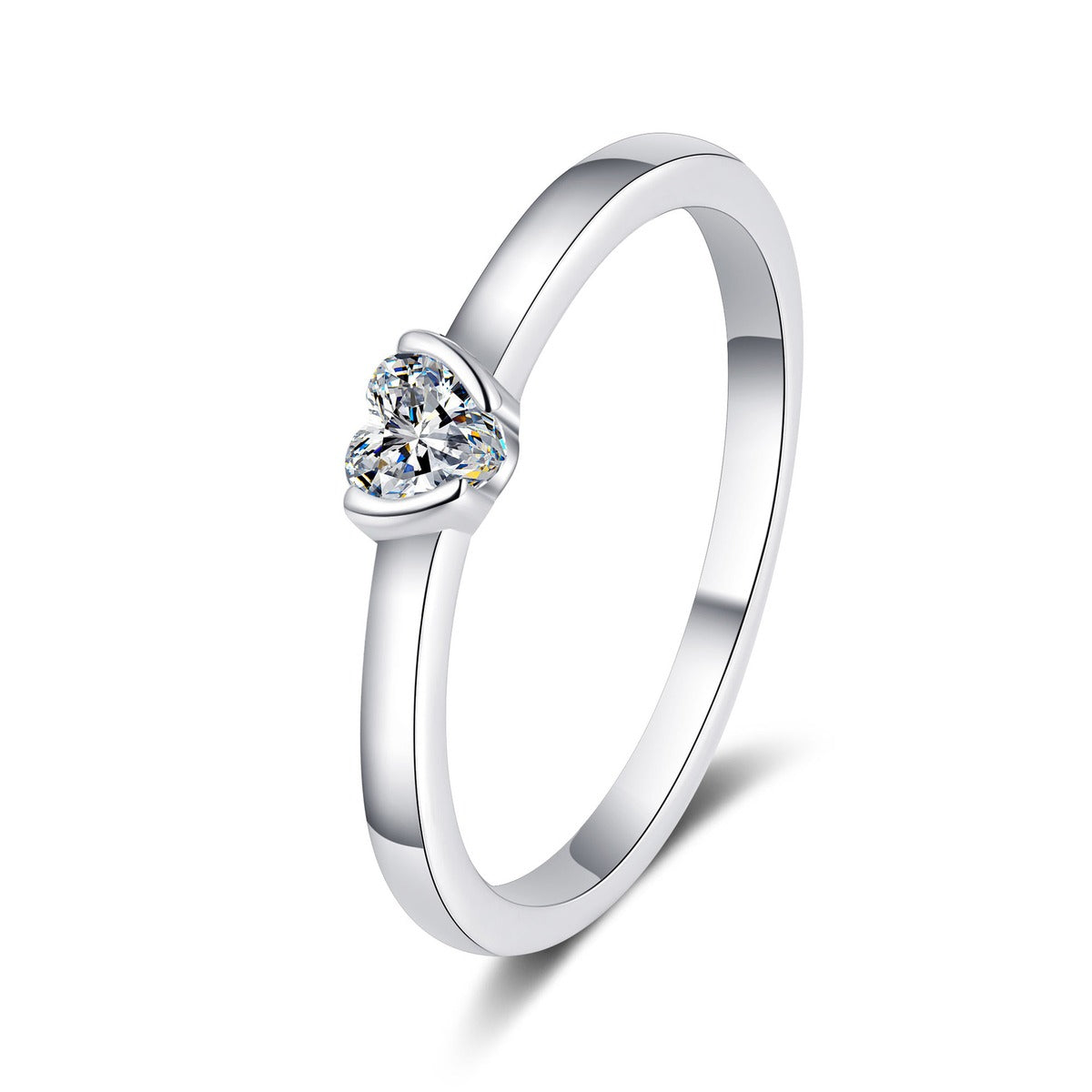 Heart Cut Moissanite Ring in rhodium-plated S925 sterling silver on clean white background