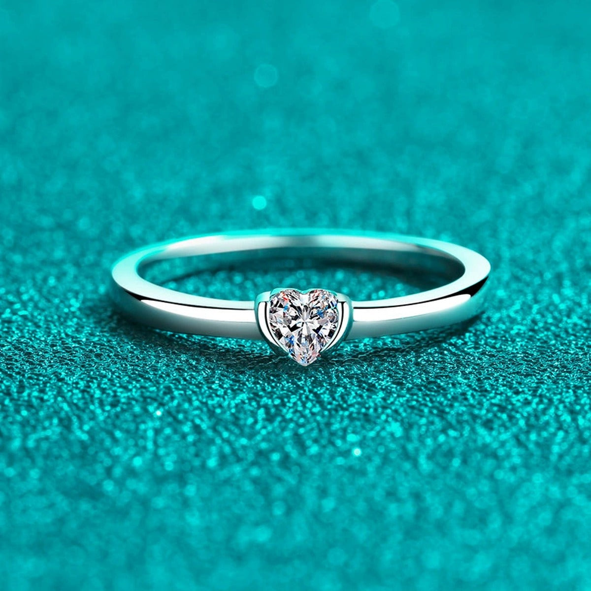 Heart Cut Moissanite Ring product view showing moissanite setting and rhodium finish