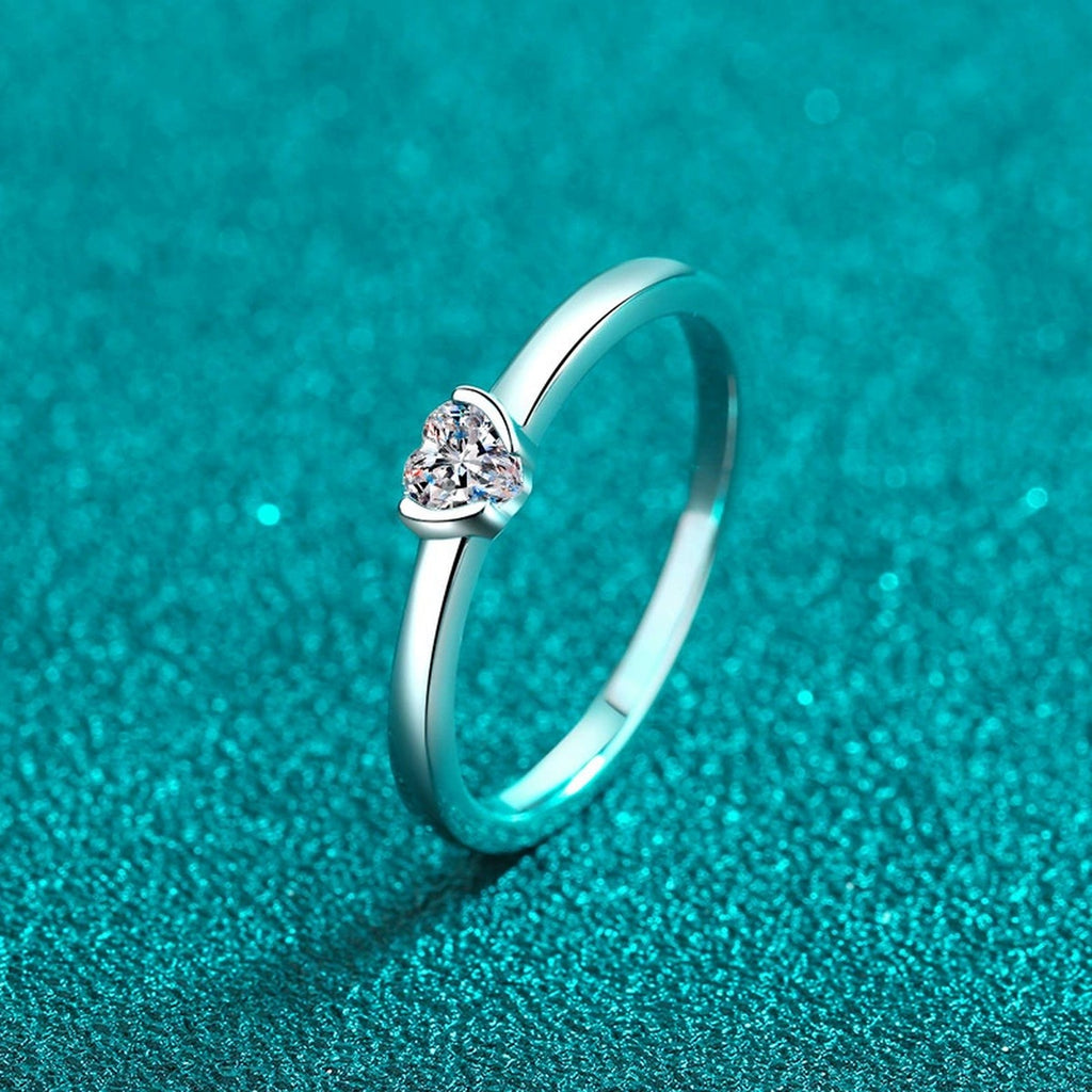 Heart Cut Moissanite Ring product view showing moissanite setting and rhodium finish
