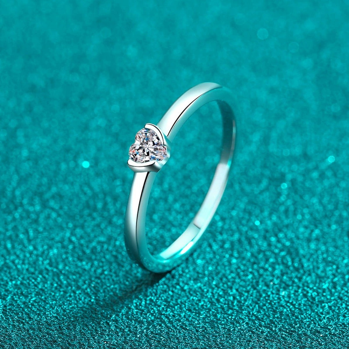 Heart Cut Moissanite Ring product view showing moissanite setting and rhodium finish