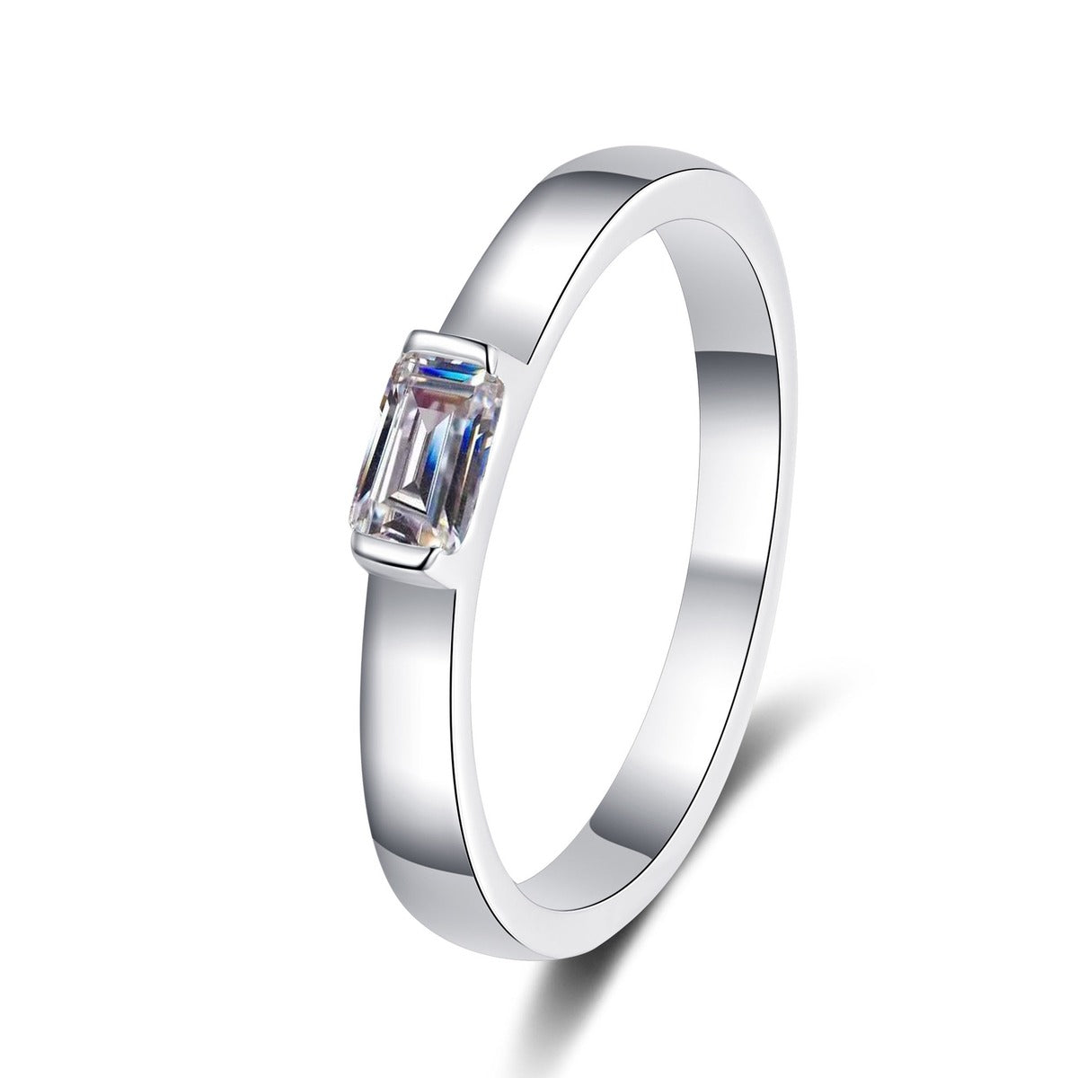 Emerald Cut Moissanite Band Ring in rhodium-plated S925 sterling silver on clean white background