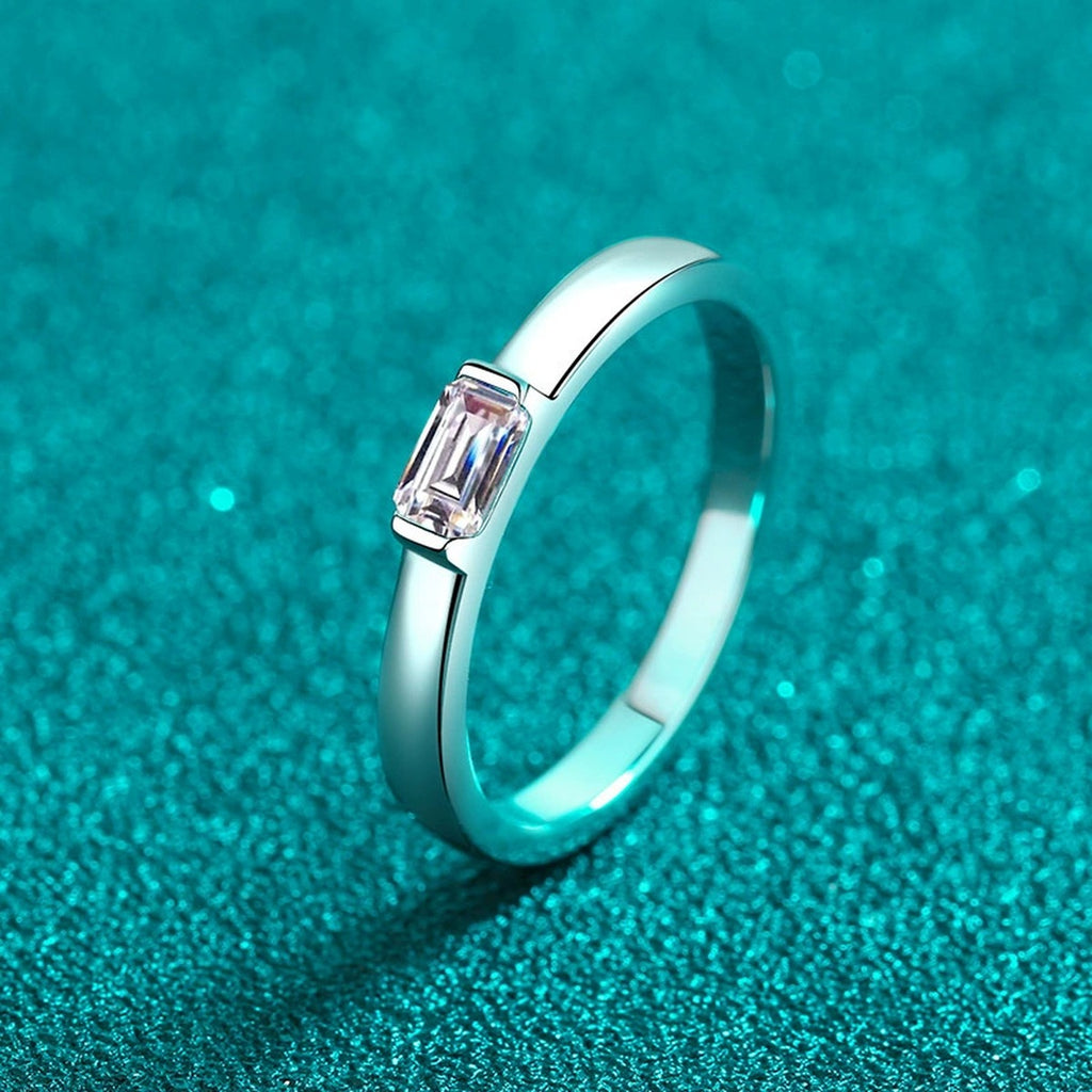 Emerald Cut Moissanite Band Ring product view showing moissanite setting and metal finish