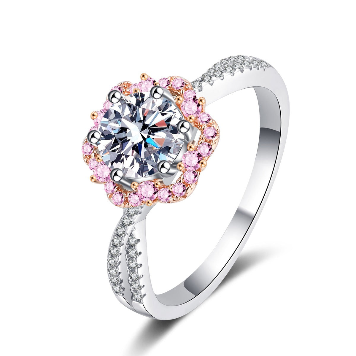 Round Moissanite Ring with Pink CZ in rhodium-plated S925 sterling silver on clean white background