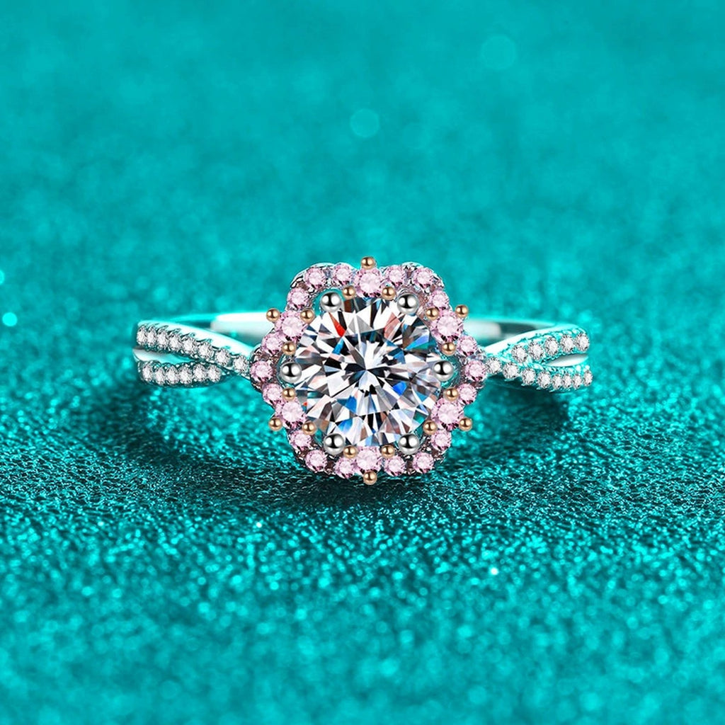 Round Moissanite Ring with Pink CZ product view showing moissanite setting and metal finish