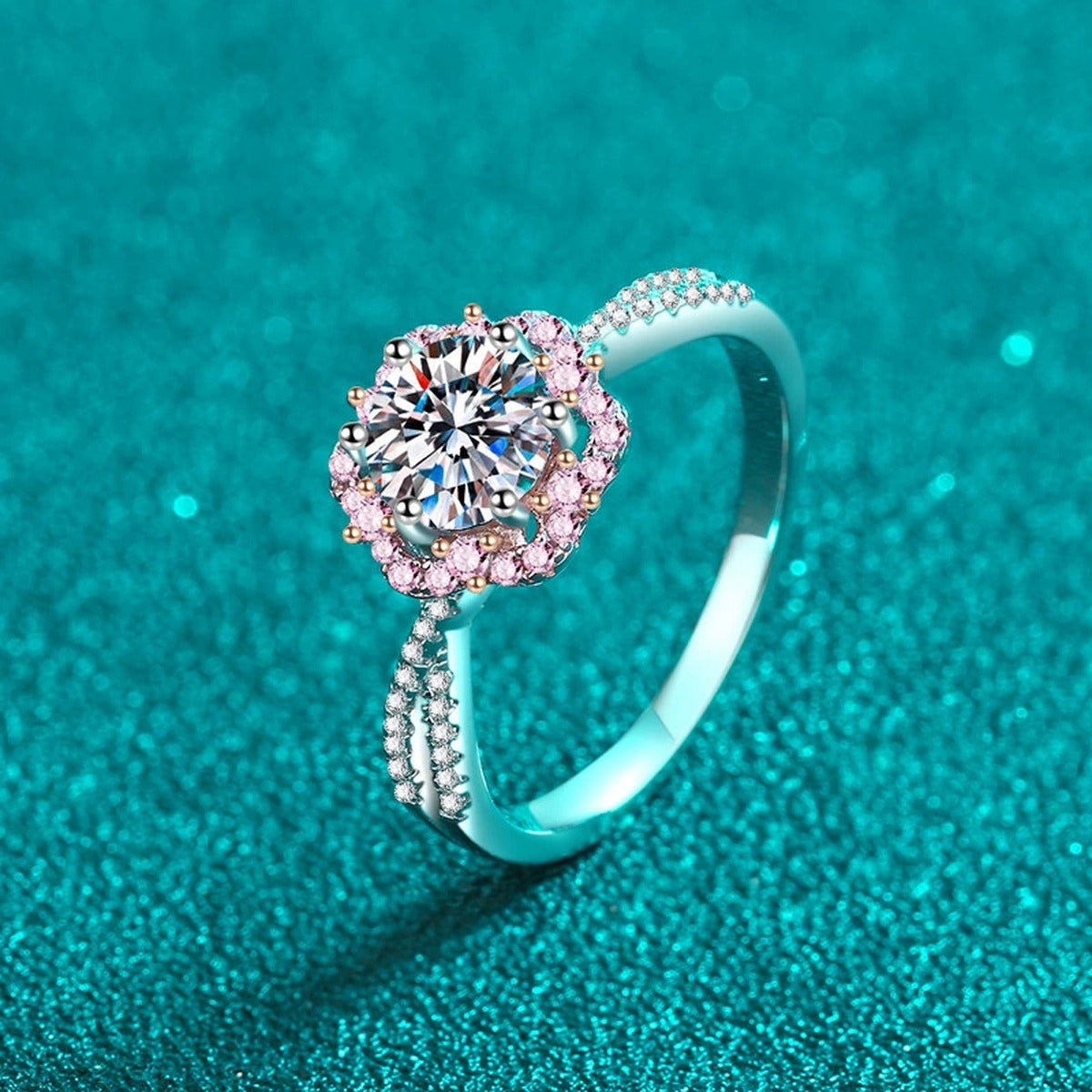 Round Moissanite Ring with Pink CZ product view showing moissanite setting and metal finish