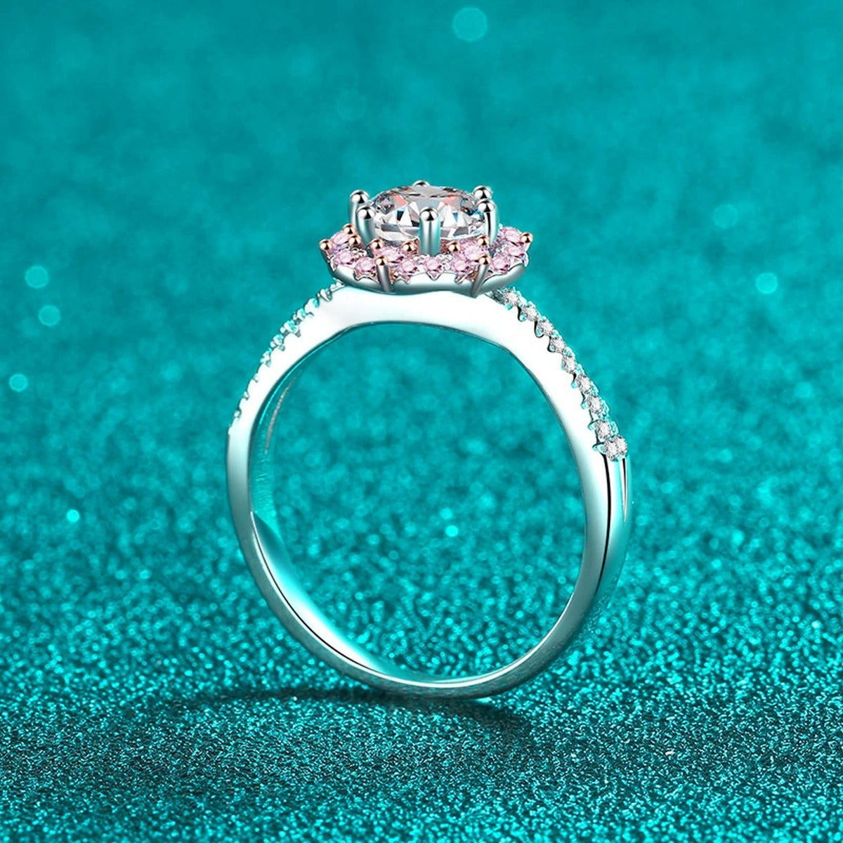 Round Moissanite Ring with Pink CZ product view showing moissanite setting and metal finish