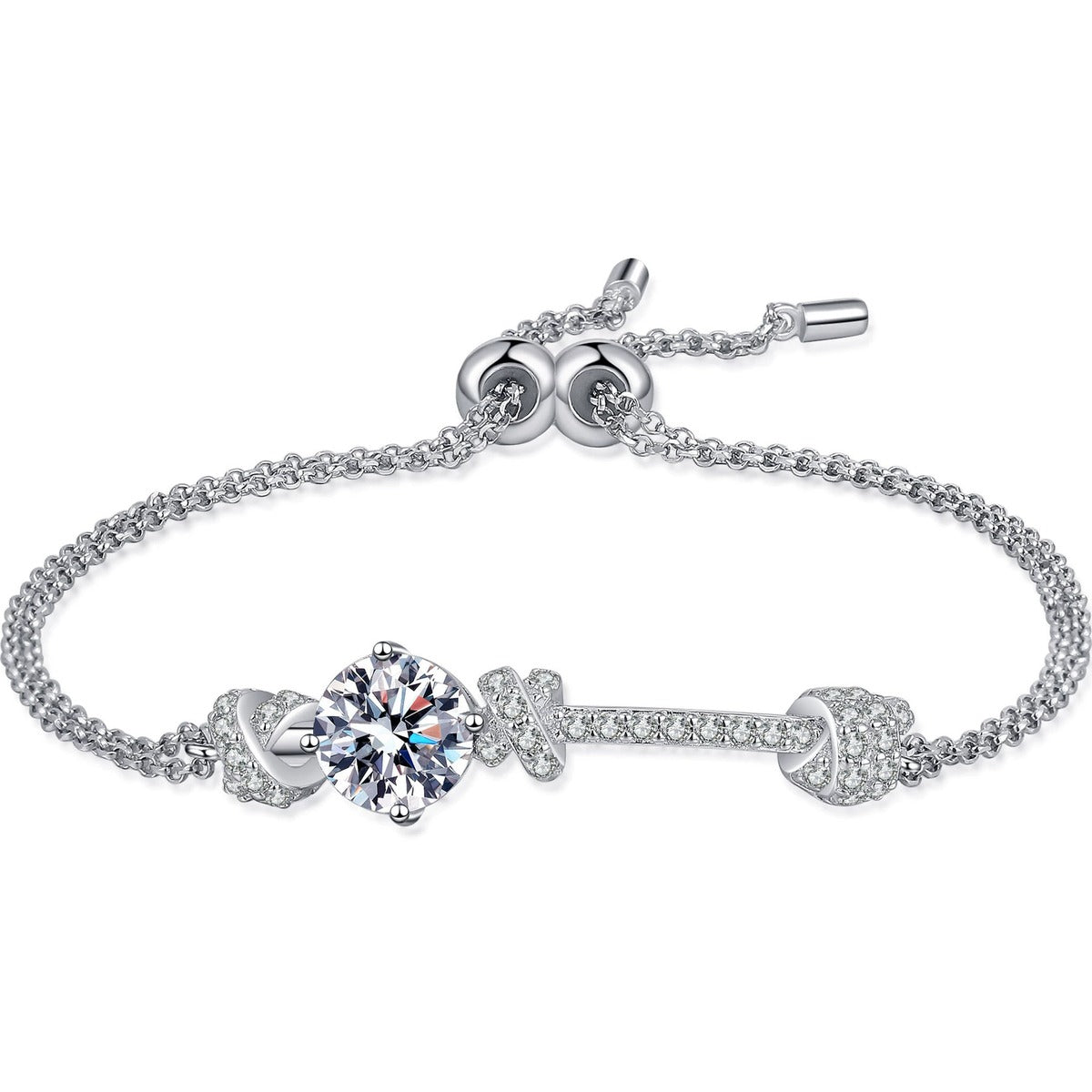 Knot Moissanite Adjustable Bracelet with CZ in Rhodium-Plated S925 sterling silver white background product photo showing bracelet shape and moissanite setting