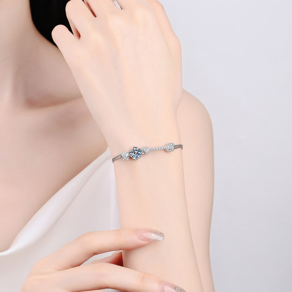 Knot Moissanite Adjustable Bracelet with CZ in Rhodium-Plated S925 sterling silver worn on wrist model view showing scale and adjustable fit