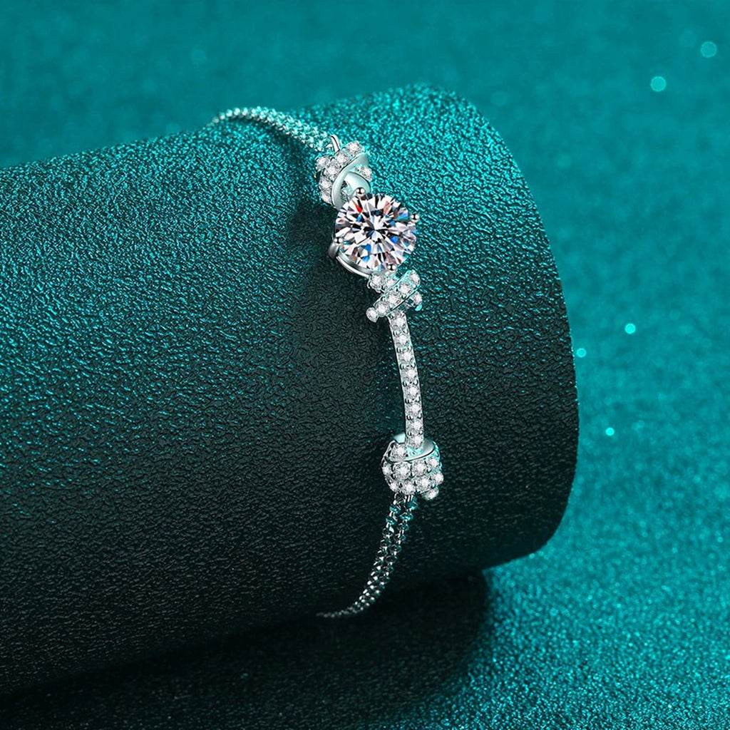 Knot Moissanite Adjustable Bracelet with CZ in Rhodium-Plated S925 sterling silver styled product scene showing stone sparkle and chain detail