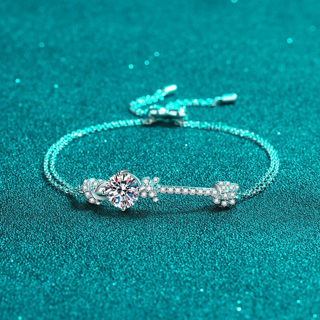Knot Moissanite Adjustable Bracelet with CZ in Rhodium-Plated S925 sterling silver close-up bracelet detail view showing clasp and motif
