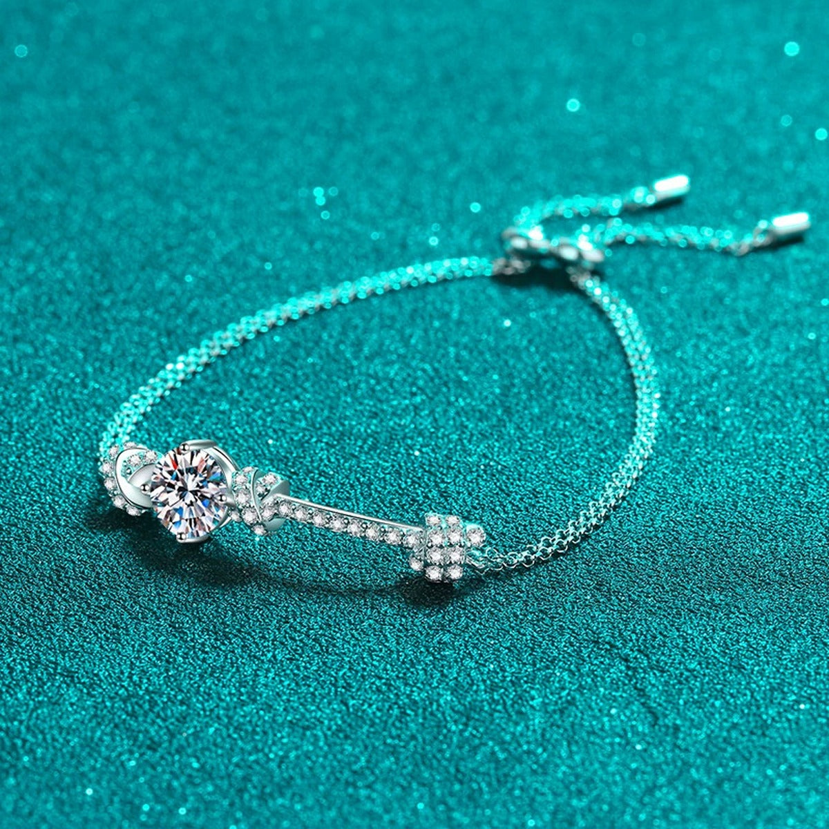 Knot Moissanite Adjustable Bracelet with CZ in Rhodium-Plated S925 sterling silver angled product display showing bracelet silhouette