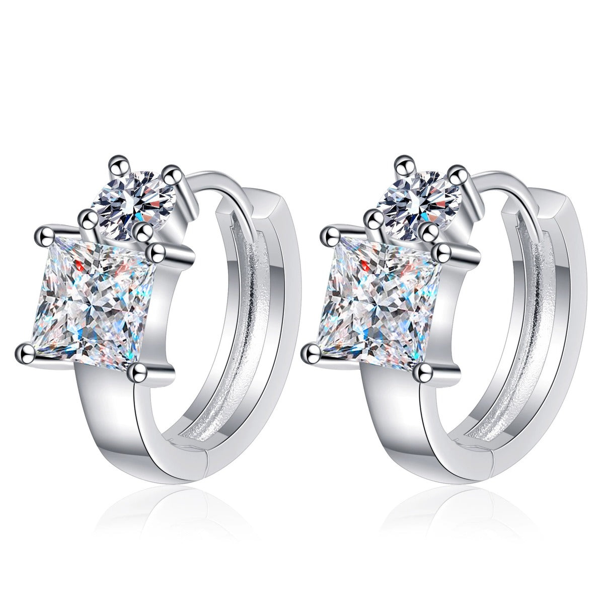 Princess and Round Moissanite Huggie Hoop Earrings in Rhodium-Plated S925 sterling silver white background product photo showing the pair, stone shape, and huggie hoop earrings silhouette