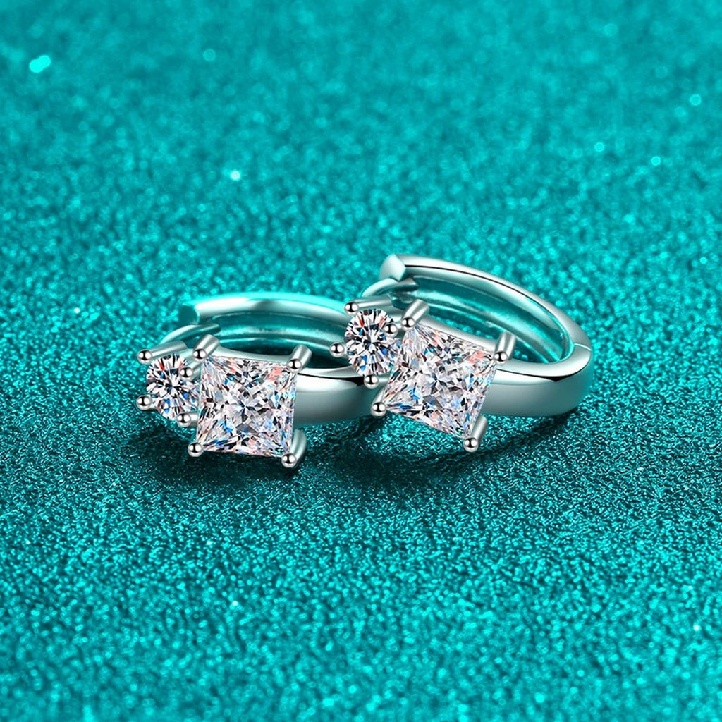 Princess and Round Moissanite Huggie Hoop Earrings in Rhodium-Plated S925 sterling silver product scene view showing front sparkle