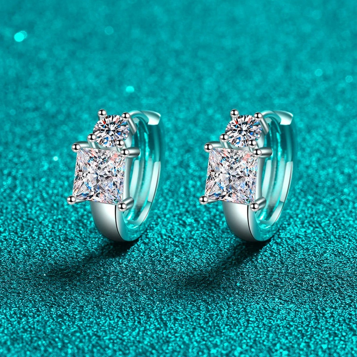 Princess and Round Moissanite Huggie Hoop Earrings in Rhodium-Plated S925 sterling silver product scene view showing angled setting detail