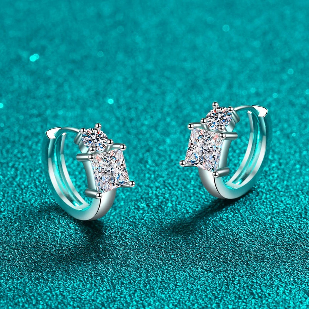 Princess and Round Moissanite Huggie Hoop Earrings in Rhodium-Plated S925 sterling silver product scene view showing side profile