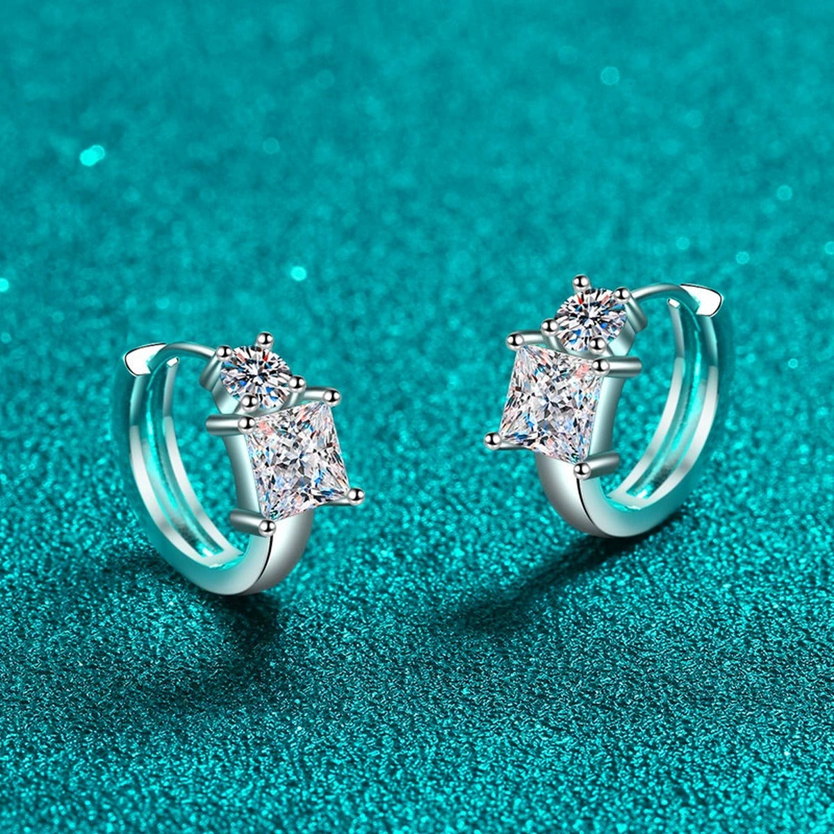 Princess and Round Moissanite Huggie Hoop Earrings in Rhodium-Plated S925 sterling silver product scene view showing side profile