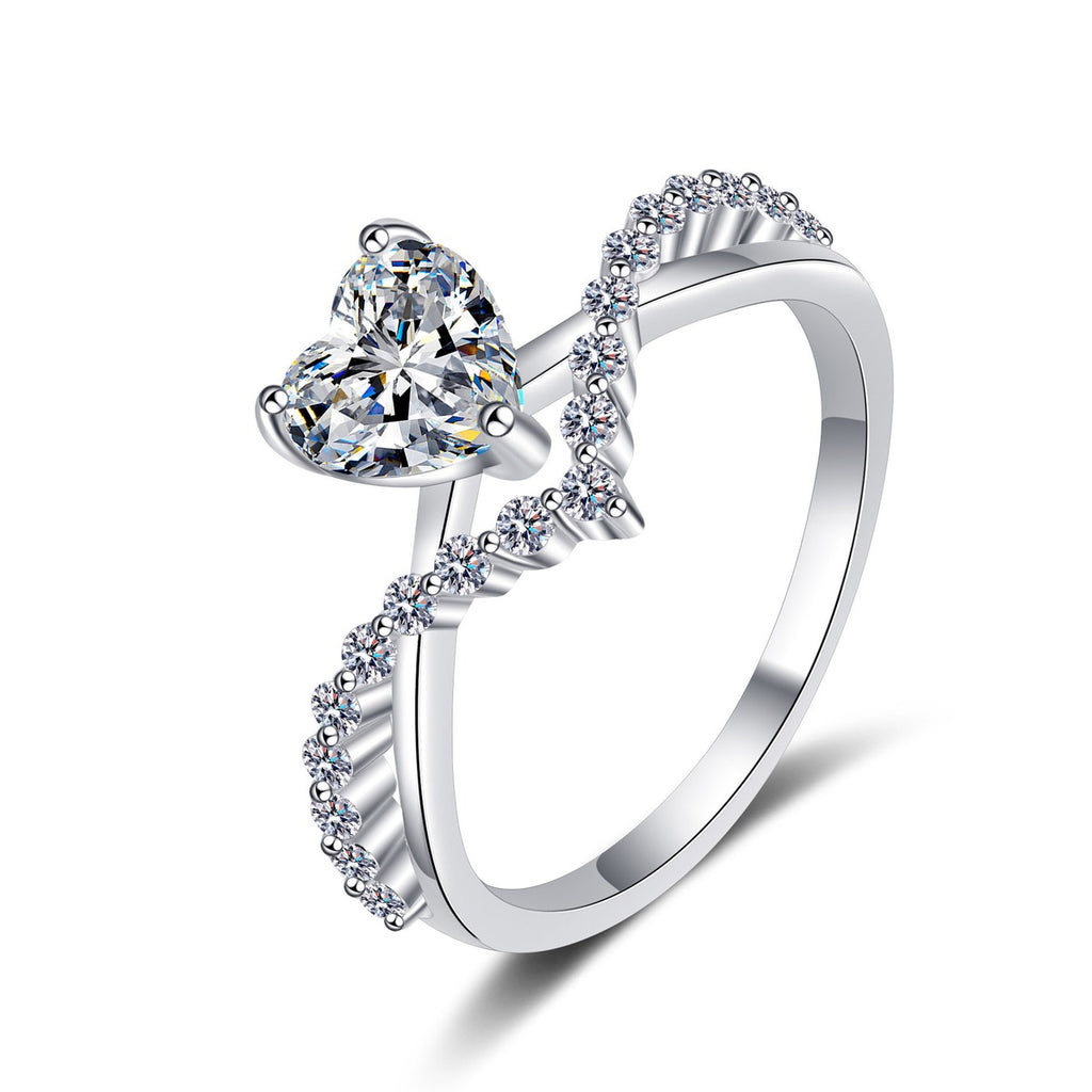 Heart Cut Moissanite Ring with CZ in rhodium-plated S925 sterling silver on clean white background