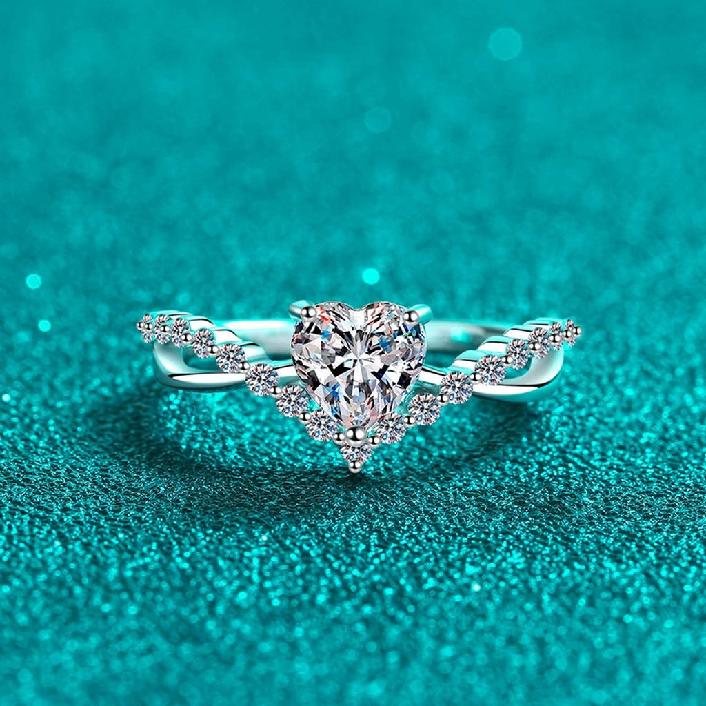 Heart Cut Moissanite Ring with CZ product view showing moissanite setting and metal finish
