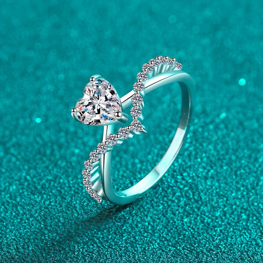 Heart Cut Moissanite Ring with CZ product view showing moissanite setting and metal finish