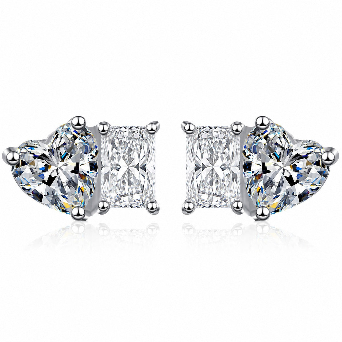 Heart and Rectangular Cut Moissanite Stud Earrings in Rhodium-Plated S925 sterling silver white background product photo showing the pair, stone shape, and stud earrings silhouette