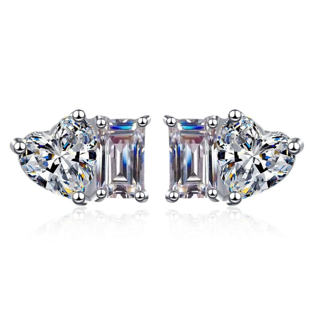 Heart and Rectangular Cut Moissanite Stud Earrings in Rhodium-Plated S925 sterling silver product scene view showing front sparkle