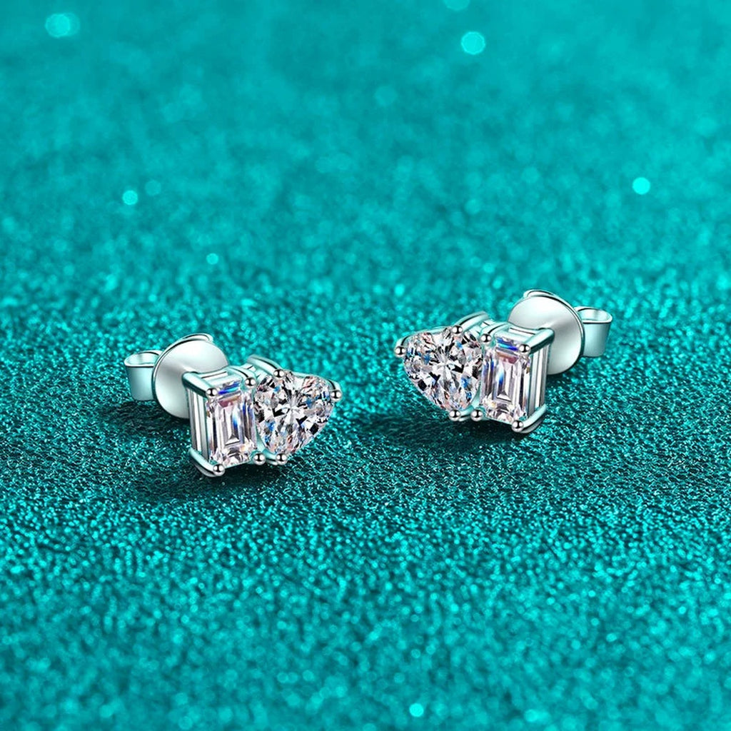 Heart and Rectangular Cut Moissanite Stud Earrings in Rhodium-Plated S925 sterling silver product scene view showing angled setting detail