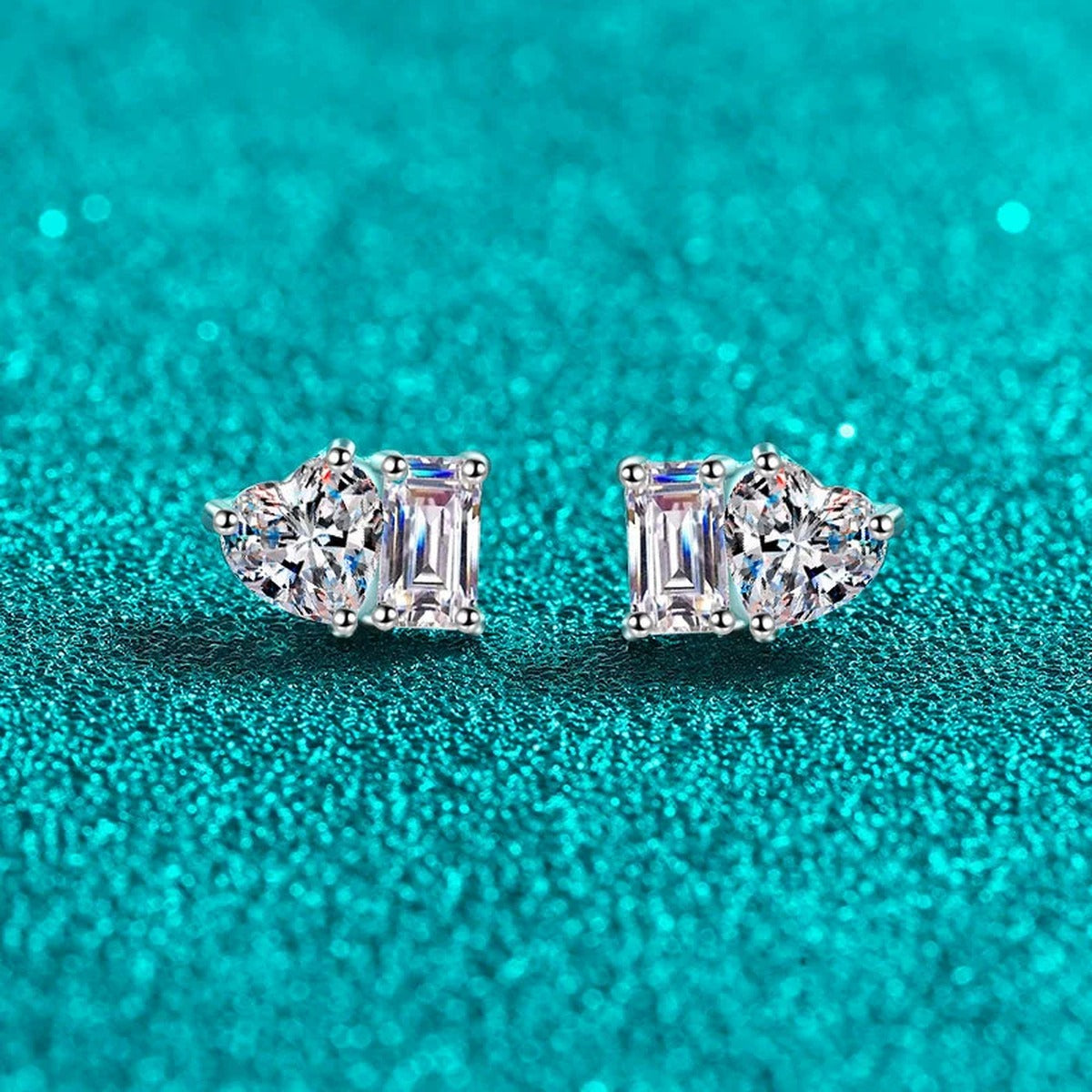 Heart and Rectangular Cut Moissanite Stud Earrings in Rhodium-Plated S925 sterling silver product scene view showing side profile