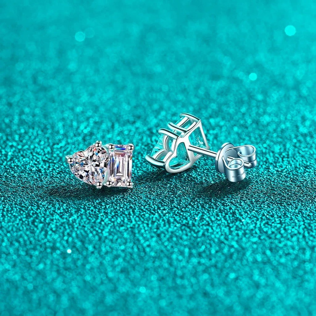 Heart and Rectangular Cut Moissanite Stud Earrings in Rhodium-Plated S925 sterling silver product scene view showing pair comparison