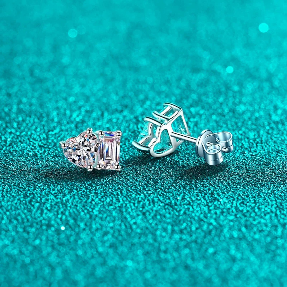 Heart and Rectangular Cut Moissanite Stud Earrings in Rhodium-Plated S925 sterling silver product scene view showing pair comparison