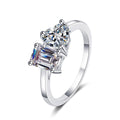 Heart and Rectangular Cut Moissanite Ring in rhodium-plated S925 sterling silver on clean white background