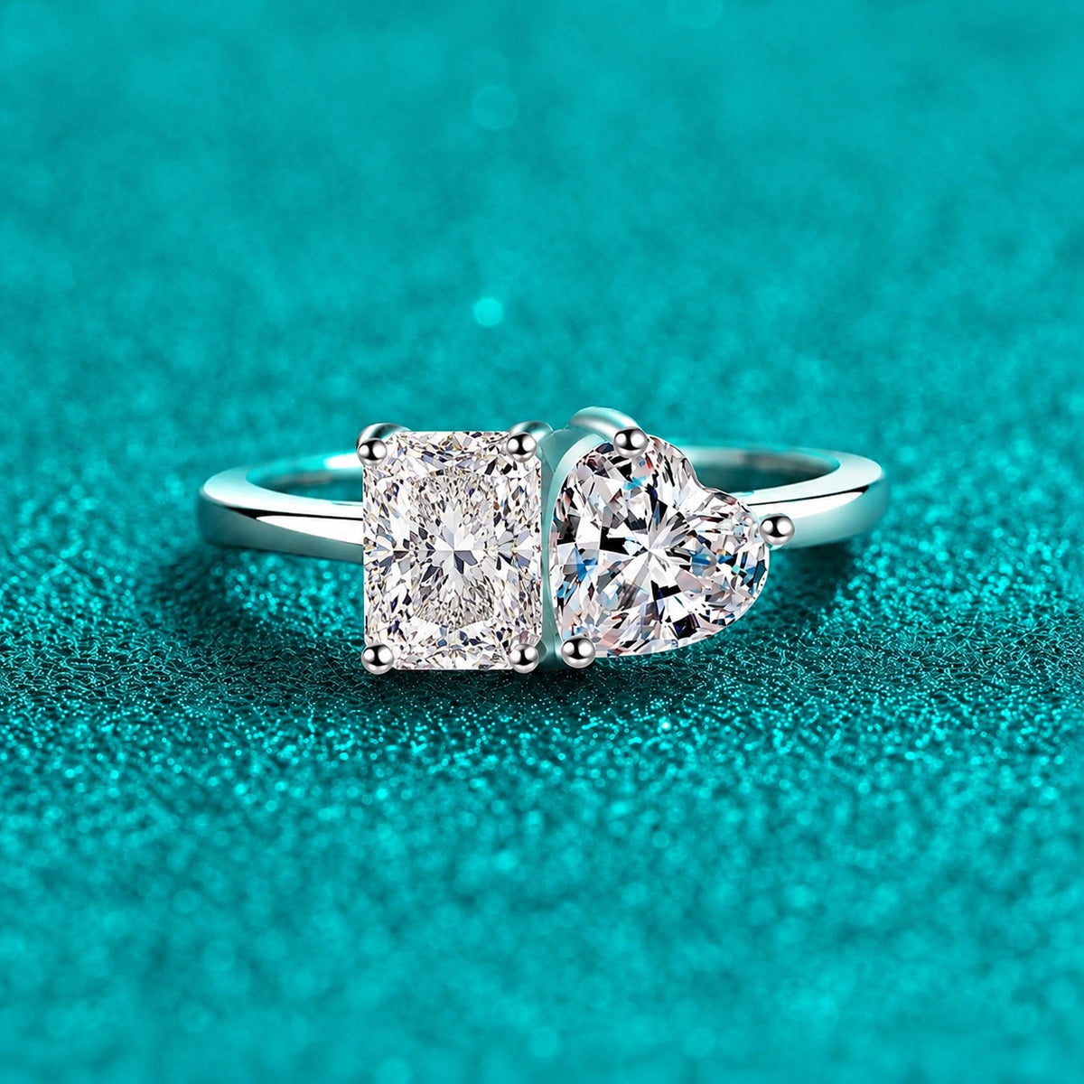 Heart and Rectangular Cut Moissanite Ring product view showing moissanite setting and metal finish