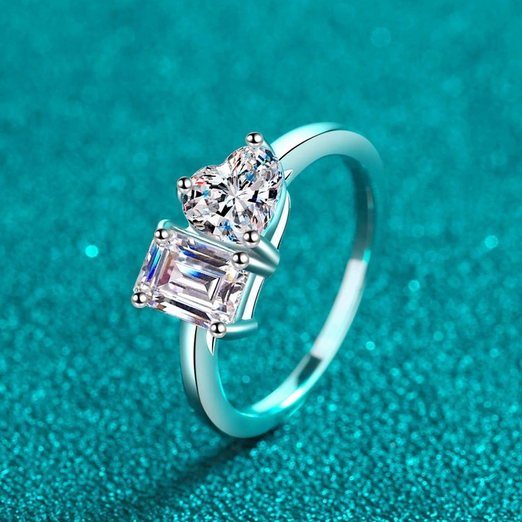 Heart and Rectangular Cut Moissanite Ring product view showing moissanite setting and metal finish