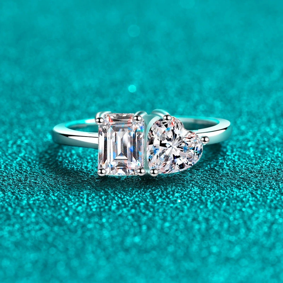 Heart and Rectangular Cut Moissanite Ring product view showing moissanite setting and metal finish