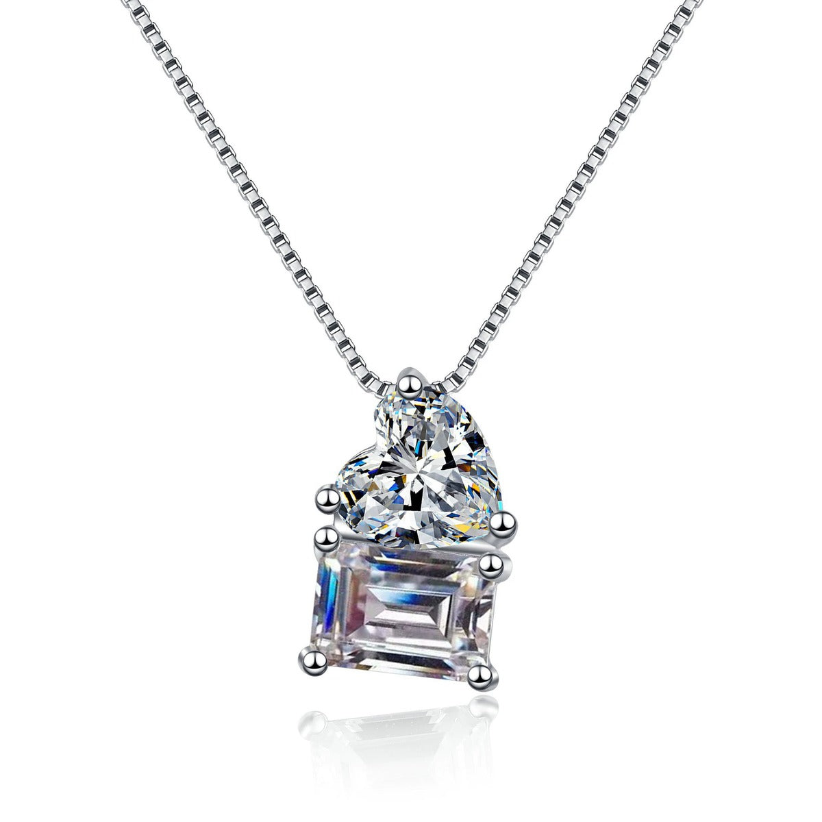 Heart Emerald and Radiant Cut Moissanite Pendant Necklace in Rhodium-Plated S925 sterling silver close-up product scene showing pendant setting