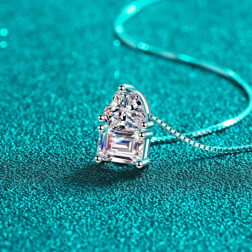 Heart Emerald and Radiant Cut Moissanite Pendant Necklace in Rhodium-Plated S925 sterling silver angled product detail view