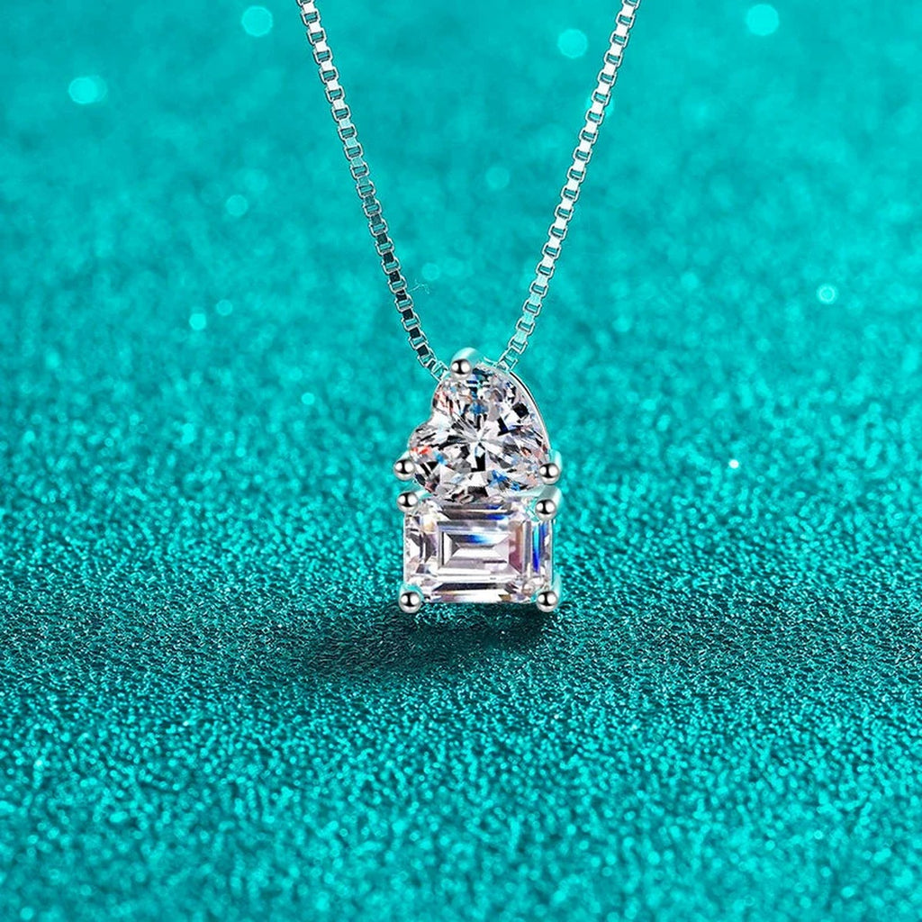Heart Emerald and Radiant Cut Moissanite Pendant Necklace in Rhodium-Plated S925 sterling silver additional product styling view