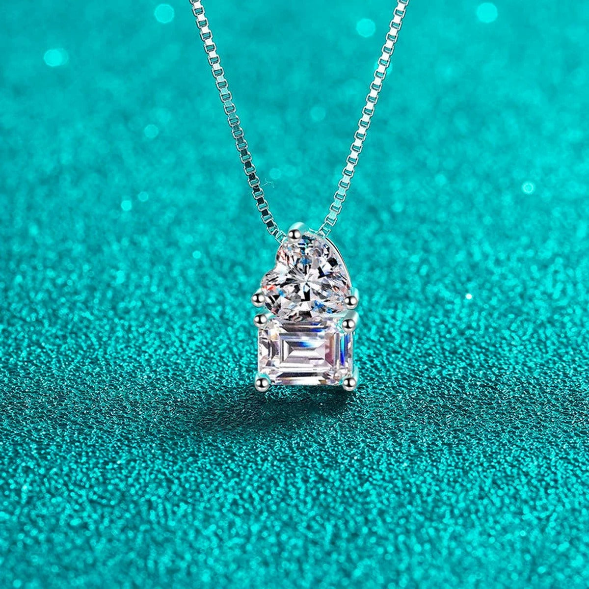 Heart Emerald and Radiant Cut Moissanite Pendant Necklace in Rhodium-Plated S925 sterling silver additional product styling view