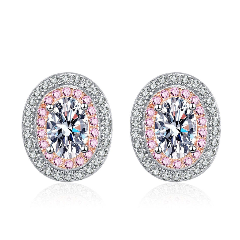 Oval Moissanite Stud Earrings with Pink CZ in Rhodium-Plated S925 sterling silver white background product photo showing the pair, stone shape, and stud earrings silhouette