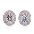 Oval Moissanite Stud Earrings with Pink CZ in Rhodium-Plated S925 sterling silver white background product photo showing the pair, stone shape, and stud earrings silhouette